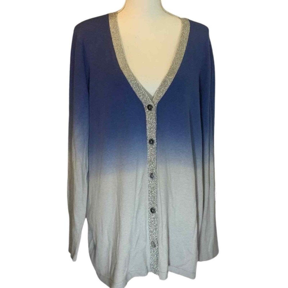 Chico's NWT Ombre Shine Peyton Cardigan Nikko Blue Silver Size 3 XL Holiday